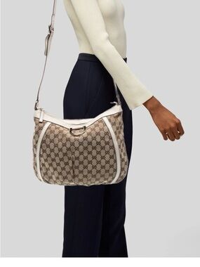 Gucci Beige Monogram Shoulder Bag with White Trim and Adjustable Strap